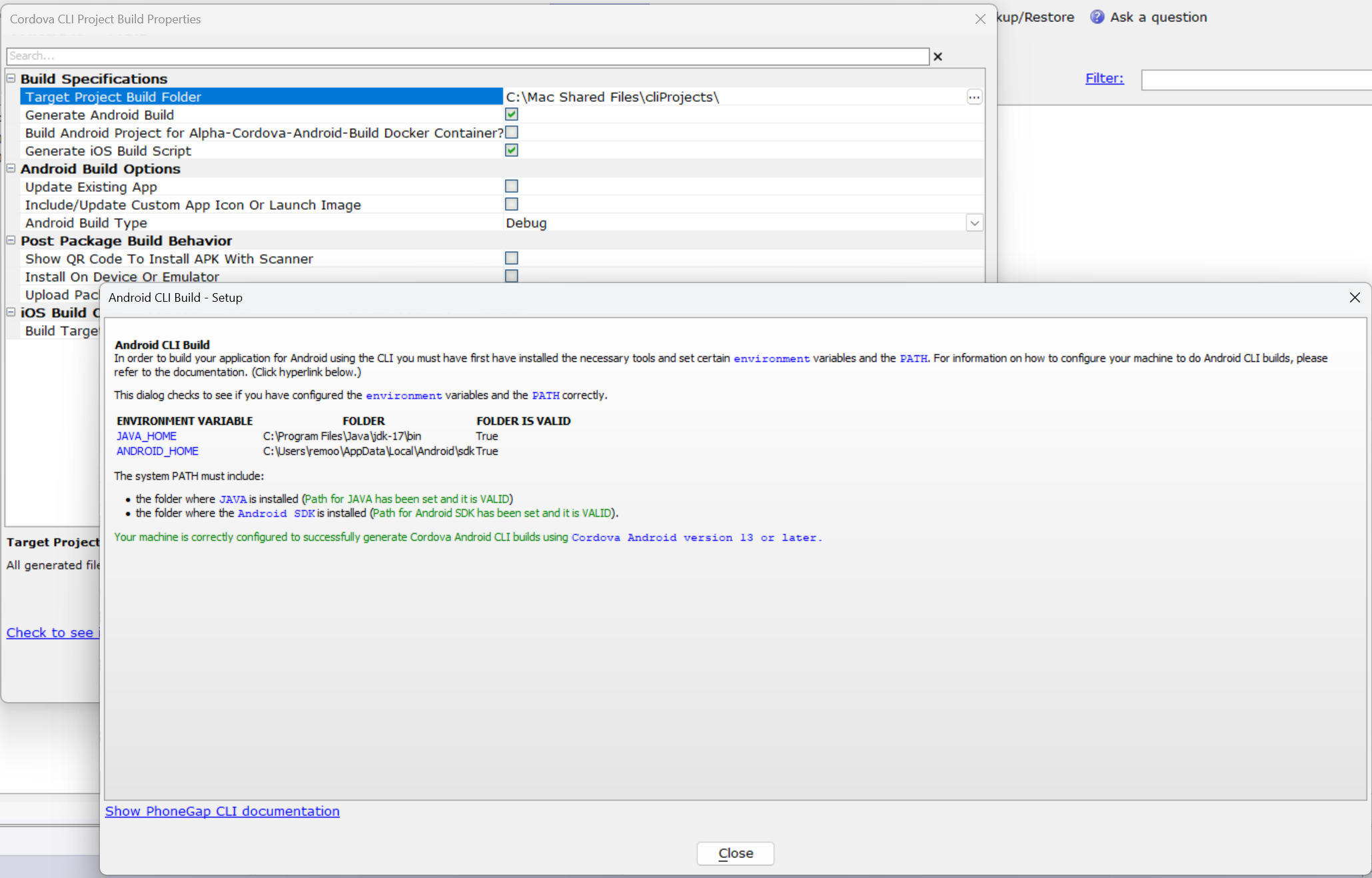 Android CLI Build - Setup dialog